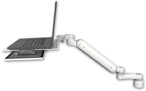 AccessMount™ Ultra 182 Arm desk mount with a 1" riser Laptop tray, slider, and an 6" arm
