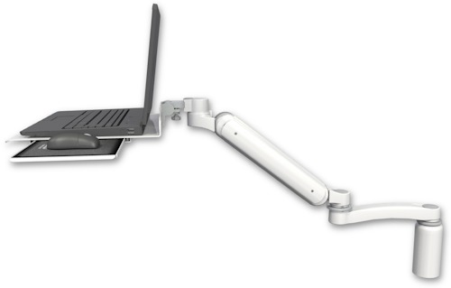 AccessMount™ Ultra 182 Arm desk mount with a 5" riser Laptop tray, slider, and an 11" arm