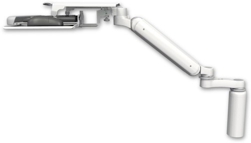 AccessMount™ Ultra 182 Arm desk mount with a 7.5" riser, a work surface tray and slide-out keyboard tray, and an 6" arm