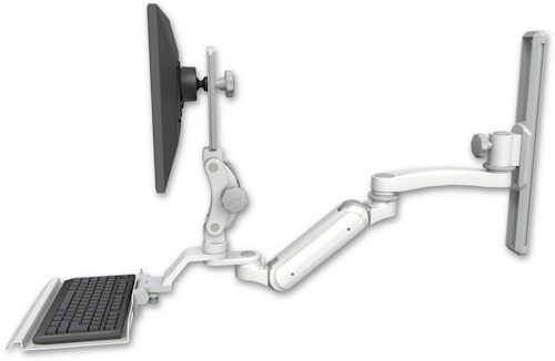 AccessMount™ Inverted Ultra 180 Heavy Duty Arm with Paralink monitor mount mount on a 19" wall track slider, a 12" keyboard tray, and an 11" arm