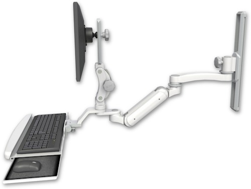 AccessMount™ Inverted Ultra 180 Heavy Duty Arm with Paralink monitor mount mount on a 19" wall track slider, a wrist-rest keyboard tray, and an 11" arm