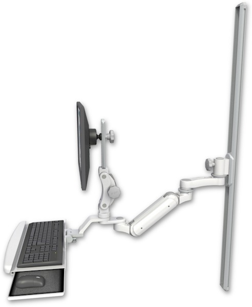 AccessMount™ Inverted Ultra 180 Heavy Duty Arm with Paralink monitor mount mount on a 50" wall track slider, a wrist-rest keyboard tray, and an 6" arm