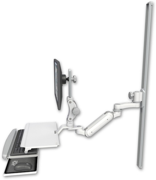 AccessMount™ Inverted Ultra 180 Heavy Duty Arm with Paralink monitor mount mount on a 50" wall track slider, a work surface tray and slide-out keyboard tray, and an 6" arm
