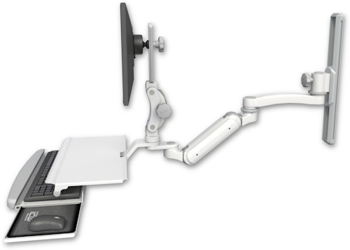 AccessMount™ Inverted Ultra 180 Arm with Paralink monitor mount mount on a 19" wall track slider, a work surface tray and slide-out keyboard tray, and an 11" arm