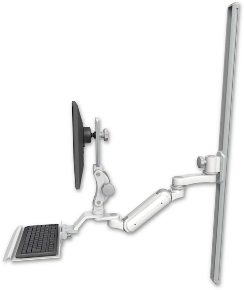 AccessMount™ Inverted Ultra 180 Arm with Paralink monitor mount mount on a 50" wall track slider, a 12" keyboard tray, and an 6" arm