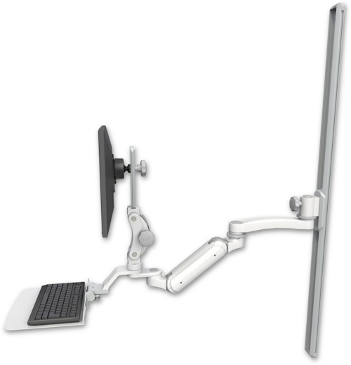 AccessMount™ Inverted Ultra 180 Arm with Paralink monitor mount mount on a 50" wall track slider, a 12" flat keyboard tray, and an 11" arm