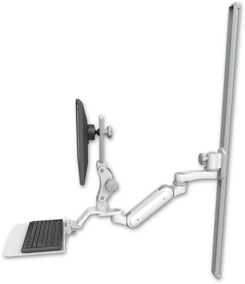 AccessMount™ Inverted Ultra 180 Arm with Paralink monitor mount mount on a 50" wall track slider, a 12" flat keyboard tray, and an 6" arm