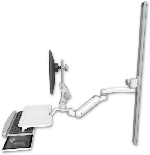AccessMount™ Inverted Ultra 180 Arm with Paralink monitor mount mount on a 50" wall track slider, a work surface tray and slide-out keyboard tray, and an 11" arm