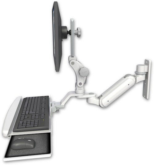 AccessMount™ Inverted Ultra 180 Arm with Paralink monitor mount wall mount and a wrist-rest keyboard tray