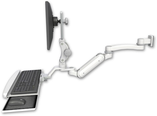 AccessMount™ Inverted Ultra 180 Arm with Paralink monitor mount 3.5" wall mount, a wrist-rest keyboard tray, and an 11" arm