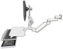 AccessMount™ Inverted Ultra 180 Arm with Paralink monitor mount 3.5" wall mount, a work surface tray and slide-out keyboard tray, and an 6" arm