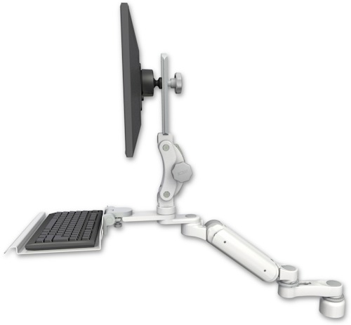 AccessMount™ Ultra 180 Arm with Paralink monitor mount desk mount, a 1" riser, a 12" keyboard tray, and an 6" arm