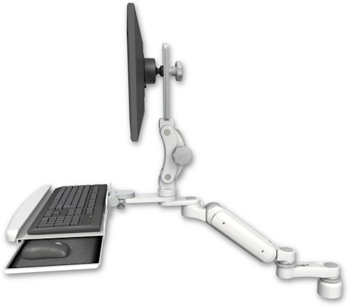 AccessMount™ Ultra 180 Arm with Paralink monitor mount desk mount, a 1" riser, a wrist-rest keyboard tray, and an 6" arm