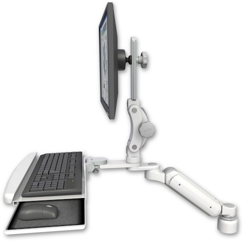 AccessMount™ Ultra 180 Arm with Paralink monitor mount desk mount, a 1" riser, and a wrist-rest keyboard tray