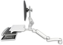 AccessMount™ Ultra 180 Arm with Paralink monitor mount desk mount, a 1" riser, a work surface tray and slide-out keyboard tray, and an 11" arm