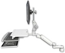 AccessMount™ Ultra 180 Arm with Paralink monitor mount desk mount, a 1" riser, a work surface tray and slide-out keyboard tray, and an 6" arm