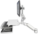 AccessMount™ Ultra 180 Arm with Paralink monitor mount desk mount, a 1" riser, and a work surface tray and slide-out keyboard tray