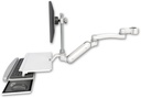 AccessMount™ Inverted Ultra 180 Heavy Duty Arm with EV710 monitor mount mount for a 1.5" pole, a work surface tray and slide-out keyboard tray, and an 11" arm