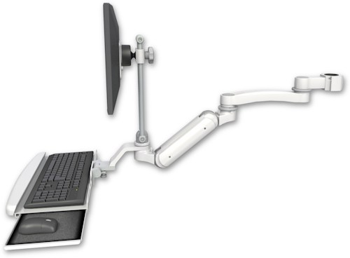 AccessMount™ Inverted Ultra 180 Heavy Duty Arm with EV710 monitor mount mount for a 1.75" pole, a wrist-rest keyboard tray, and an 11" arm