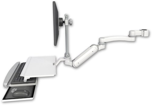 AccessMount™ Inverted Ultra 180 Heavy Duty Arm with EV710 monitor mount mount for a 1.75" pole, a work surface tray and slide-out keyboard tray, and an 11" arm