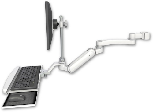 AccessMount™ Inverted Ultra 180 Heavy Duty Arm with EV710 monitor mount mount for a 2" pole, a wrist-rest keyboard tray, and an 11" arm