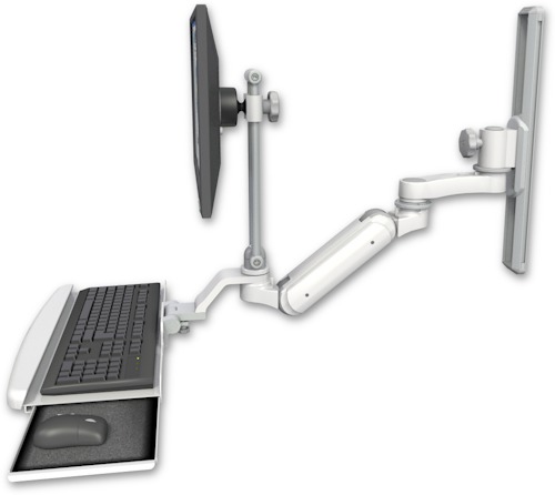AccessMount™ Inverted Ultra 180 Heavy Duty Arm with EV710 monitor mount mount on a 19" wall track slider, a wrist-rest keyboard tray, and an 6" arm