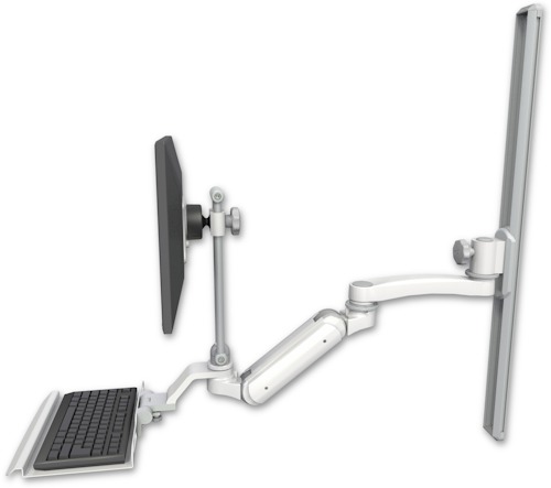 AccessMount™ Inverted Ultra 180 Heavy Duty Arm with EV710 monitor mount mount on a 36" wall track slider, a 12" keyboard tray, and an 11" arm