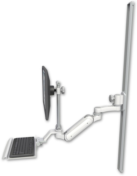 AccessMount™ Inverted Ultra 180 Heavy Duty Arm with EV710 monitor mount mount on a 50" wall track slider, a 12" keyboard tray, and an 6" arm