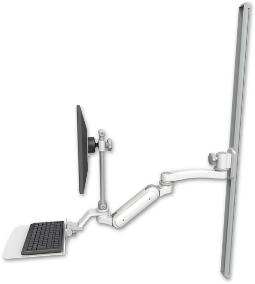 AccessMount™ Inverted Ultra 180 Heavy Duty Arm with EV710 monitor mount mount on a 50" wall track slider, a 12" flat keyboard tray, and an 11" arm