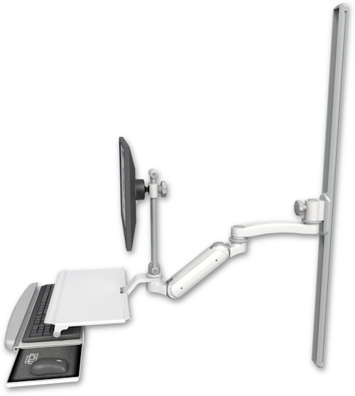 AccessMount™ Inverted Ultra 180 Heavy Duty Arm with EV710 monitor mount mount on a 50" wall track slider, a work surface tray and slide-out keyboard tray, and an 11" arm