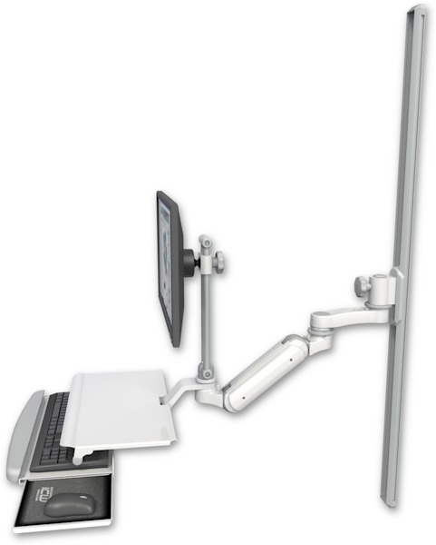 AccessMount™ Inverted Ultra 180 Heavy Duty Arm with EV710 monitor mount mount on a 50" wall track slider, a work surface tray and slide-out keyboard tray, and an 6" arm