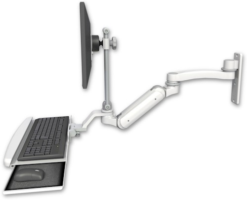 AccessMount™ Inverted Ultra 180 Heavy Duty Arm with EV710 monitor mount wall mount, a wrist-rest keyboard tray, and an 11" arm