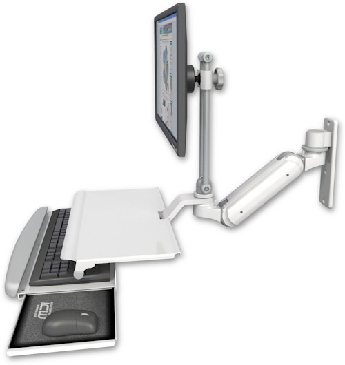 AccessMount™ Inverted Ultra 180 Heavy Duty Arm with EV710 monitor mount wall mount and a work surface tray and slide-out keyboard tray