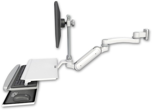 AccessMount™ Inverted Ultra 180 Heavy Duty Arm with EV710 monitor mount 3.5" wall mount, a work surface tray and slide-out keyboard tray, and an 11" arm