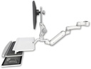 AccessMount™ Inverted Ultra 180 Heavy Duty Arm with Paralink monitor mount mount for a 1.5" pole, a work surface tray and slide-out keyboard tray, and an 6" arm