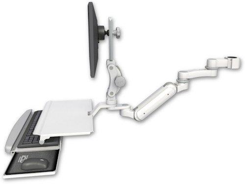 AccessMount™ Inverted Ultra 180 Heavy Duty Arm with Paralink monitor mount mount for a 1.75" pole, a work surface tray and slide-out keyboard tray, and an 6" arm