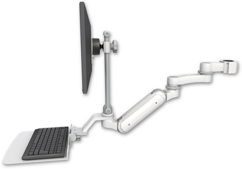 AccessMount™ Inverted Ultra 180 Arm with EV710 monitor mount mount for a 1.5" pole, a 12" flat keyboard tray, and an 6" arm