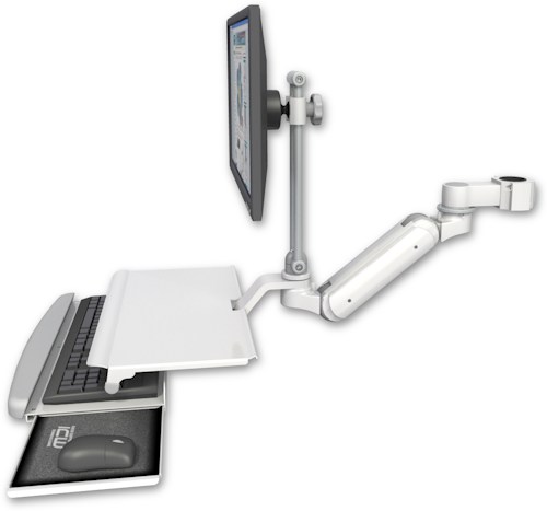 AccessMount™ Inverted Ultra 180 Arm with EV710 monitor mount mount for a 1.75" pole and a work surface tray and slide-out keyboard tray