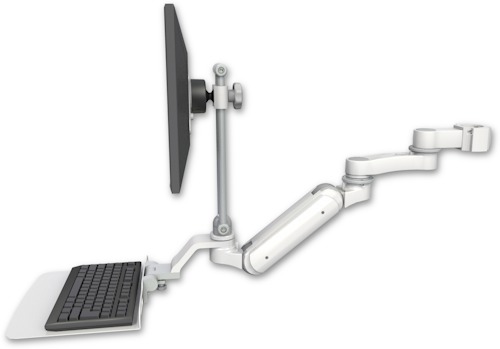 AccessMount™ Inverted Ultra 180 Arm with EV710 monitor mount mount for a 2" pole, a 12" flat keyboard tray, and an 6" arm