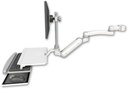 AccessMount™ Inverted Ultra 180 Arm with EV710 monitor mount mount for a 2" pole, a work surface tray and slide-out keyboard tray, and an 11" arm