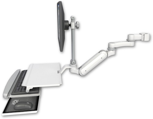 AccessMount™ Inverted Ultra 180 Arm with EV710 monitor mount mount for a 2" pole, a work surface tray and slide-out keyboard tray, and an 6" arm