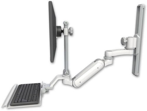 AccessMount™ Inverted Ultra 180 Arm with EV710 monitor mount mount on a 19" wall track slider, a 12" keyboard tray, and an 6" arm