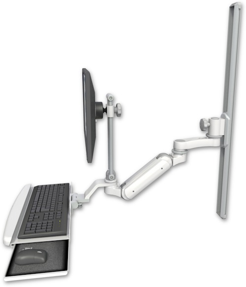 AccessMount™ Inverted Ultra 180 Arm with EV710 monitor mount mount on a 36" wall track slider, a wrist-rest keyboard tray, and an 6" arm