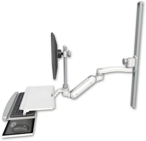 AccessMount™ Inverted Ultra 180 Arm with EV710 monitor mount mount on a 36" wall track slider, a work surface tray and slide-out keyboard tray, and an 11" arm