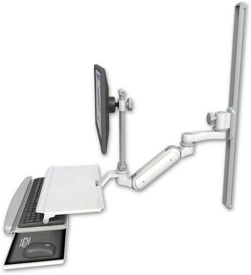 AccessMount™ Inverted Ultra 180 Arm with EV710 monitor mount mount on a 36" wall track slider, a work surface tray and slide-out keyboard tray, and an 6" arm