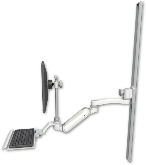 AccessMount™ Inverted Ultra 180 Arm with EV710 monitor mount mount on a 50" wall track slider, a 12" keyboard tray, and an 11" arm