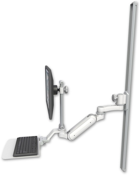 AccessMount™ Inverted Ultra 180 Arm with EV710 monitor mount mount on a 50" wall track slider, a 12" flat keyboard tray, and an 6" arm