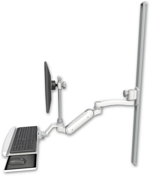 AccessMount™ Inverted Ultra 180 Arm with EV710 monitor mount mount on a 50" wall track slider, a wrist-rest keyboard tray, and an 11" arm
