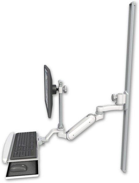 AccessMount™ Inverted Ultra 180 Arm with EV710 monitor mount mount on a 50" wall track slider, a wrist-rest keyboard tray, and an 6" arm