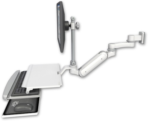 AccessMount™ Inverted Ultra 180 Arm with EV710 monitor mount 3.5" wall mount, a work surface tray and slide-out keyboard tray, and an 6" arm